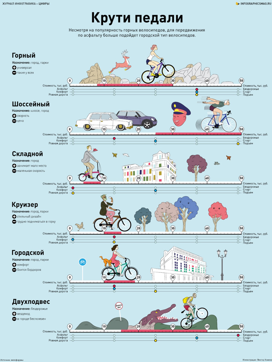 Виды велосипедов, их плюсы и минусы, разброс цен. Наглядная инфографика